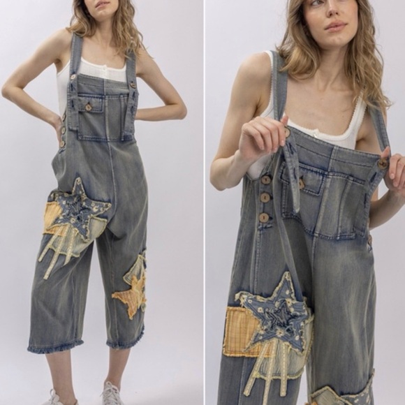 BlueVELVET Trendy Star-Embellished Denim Light Denim Overalls Size XL - Picture 2 of 2